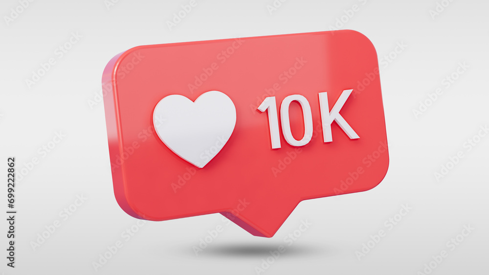 Heart Ten Thousand Likes in red speech bubble icon on empty background. Love like heart social media notification icon. Emoji, chat and Social Network. 3d rendering, 3D Illustration Heart Ten Thousand Likes in red speech bubble icon on empty background. Love like heart social media notification icon. Emoji, chat and Social Network. 3d rendering, 3D Illustration