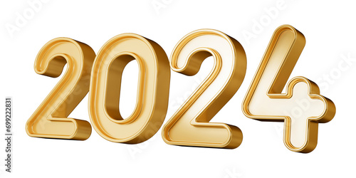 Happy new year, 2024 3D text render with gold effect, metallic, isolated on transparent background. 3D Illustration