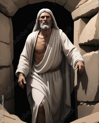 The Resurrection of Lazarus - realistic flat illustration of a biblical figure coming out of the tomb Gen AI