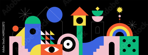 Abstract colorful geometric city landscape concept illustration. Creative modern geometry shapes with fun icon and bauhaus style decoration element. Contemporary art mosaic.