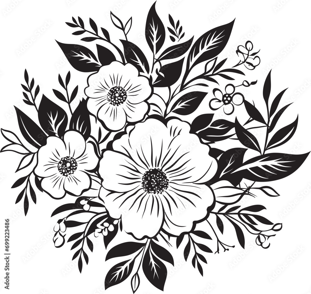 Fototapeta premium Noir Blossom Etchings Intricate Black Emblem Vectors Ink Noir Botanical Serenade Vintage Hand Drawn Florals