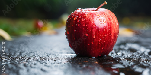 An Apple On The Street With Water Drops On It ripe apple in drops of water falling blurred Background