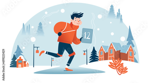 The guy plays sports in the winter New Year's time and holds a number in his hands. Vector illustration of a snowy landscape of a forest and a hill with a ski track. Houses and lanterns