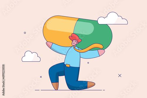 Drug and medicine bills concept. Medical debt, health care and treatment cost from Covid-19 disease, hospital expense, broke bankrupt man carrying giant medicine debt burden after cure from COVID-19