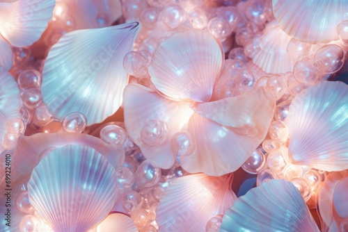 Seashells macro background. Sshells have different shapes, colors and textures, creating stunning pattern. Mermaidcore aesthetic, marine life, fantasy, fashion and beauty concept