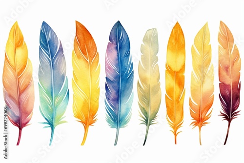 Colorful boho feather tribes in watercolor, abstract art with bird wing design on white background. Generative AI © Mia
