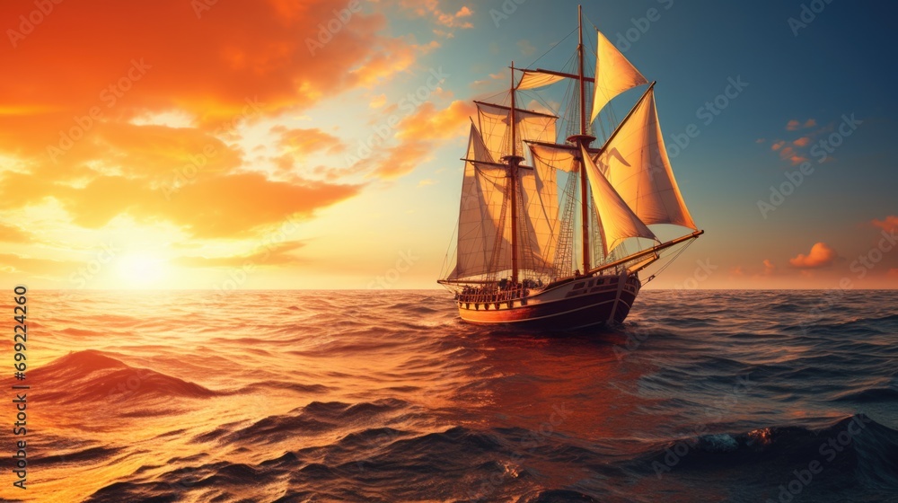 a wooden sailing boat in the ocean at sunset