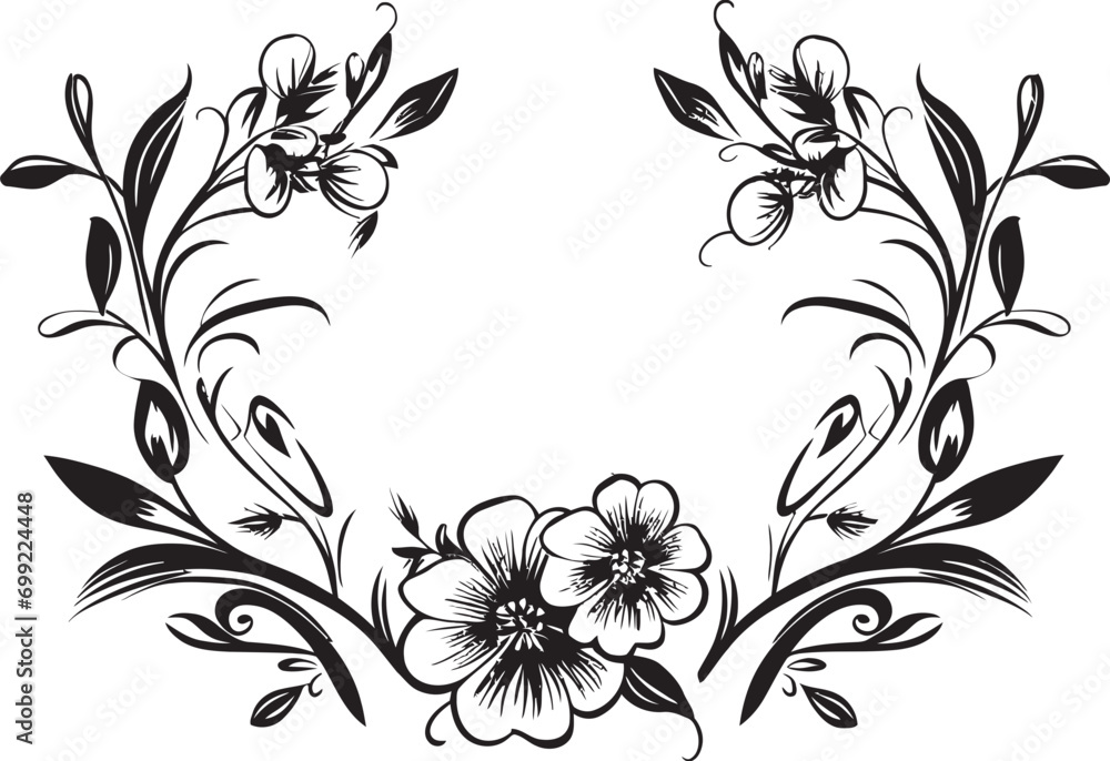 Natures Doodles Hand Drawn Black Emblem Intricate Floral Patterns Black Vector Icon