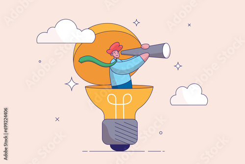 Searching for success concept. Creativity to help see business opportunity, vision to discover new solution or idea, curiosity, businessman open lightbulb idea using binoculars to see business vision.