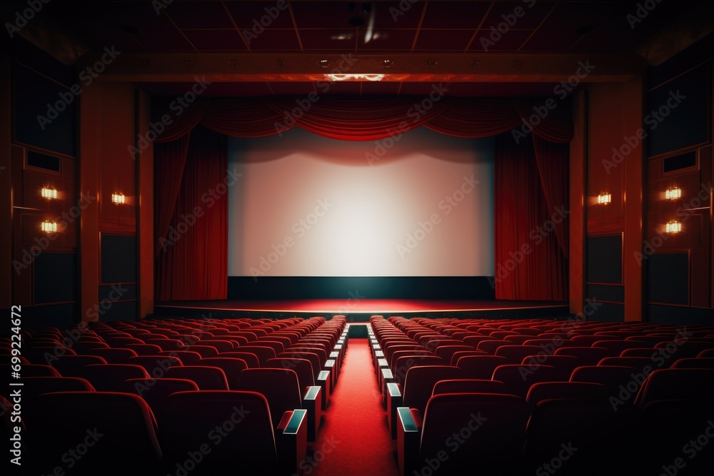 Empty red cinema hall with white screen and seats. Empty red cinema hall with white screen and seats.