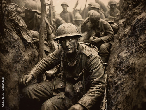 World War I soldiers huddle in muddy trenches, gripping rifles, under gray skies, battle-worn faces. photo