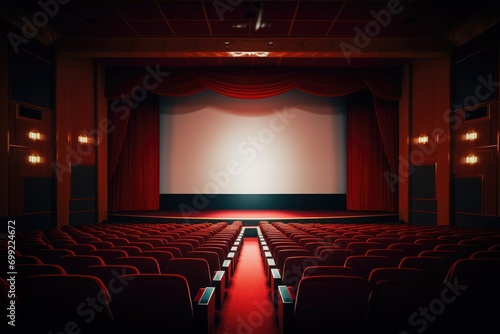 Empty red cinema hall with white screen and seats.