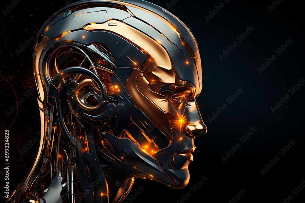 A cyborg android robot, steel man head on black background, blending human and machine elements, idea of the fusion of technology and biology A cyborg android robot, steel man head on black background, blending human and machine elements, idea of the fusion of technology and biology