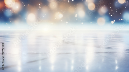 Lights reflecting on the surface of the ice. Closeup of the skating rink. Festive background, Christmas holidays abstract texture. Bokeh lights. Copy space.