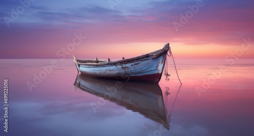 small old ship moored on the lake at sunset