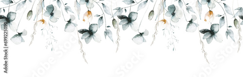 Watercolor painted floral seamless border. Blue, turquoise, gray, orange poppy, chamomile, wild little flowers, leaves, branches, field herbs. Hand drawn illustration. Watercolour artistic drawing. #699225090