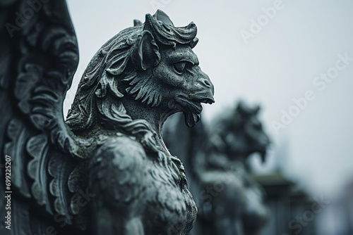 minimalistic photo featuring statues of mythical creatures, their intricate details highlighted against a simple backdrop for an elegant composition
