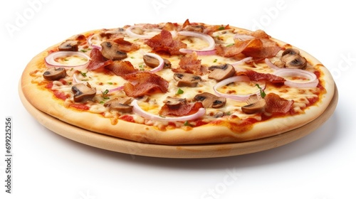 Delicious pizza with mushrooms and bacon, on a white background,