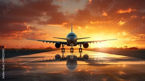 an passenger jet landing on an airport during sunset