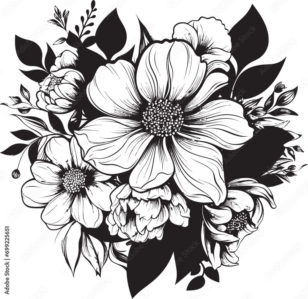Monochrome Botanical Ornamentation Black Iconic Floral Elements Vintage Inked Blossoms Decorative Floral Vector Icons