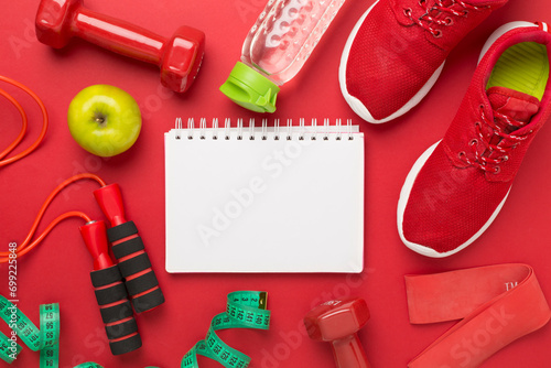Sport equipment with tape measure on color background, top, view. Weight loss concept photo