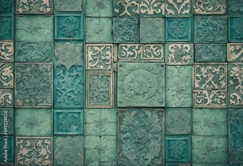 Old blue green vintage shabby patchwork damask ornate motif tiles stone concrete cement wall wallpaper