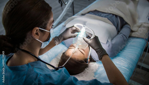 Doctor puts air mask on patient for surgery