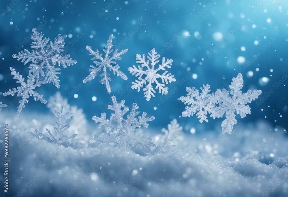 Snowflakes and ice crystals isolated on blue sky - winter background panorama banner long