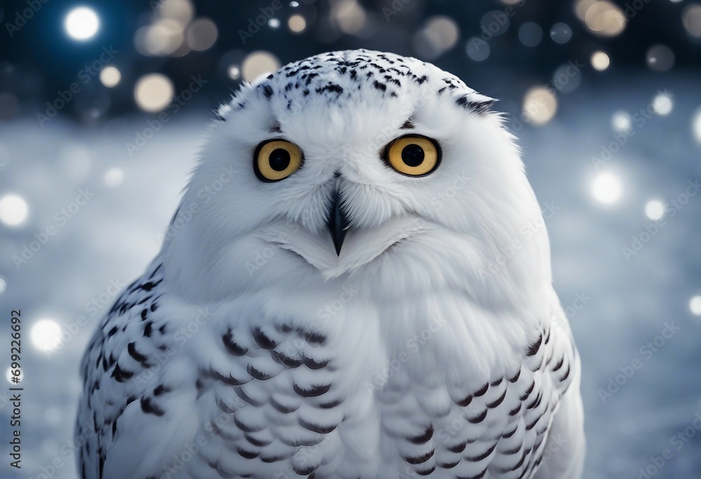 White snowy owl sitting in the snow at night - background bokeh dark White snowy owl sitting in the snow at night - background bokeh dark