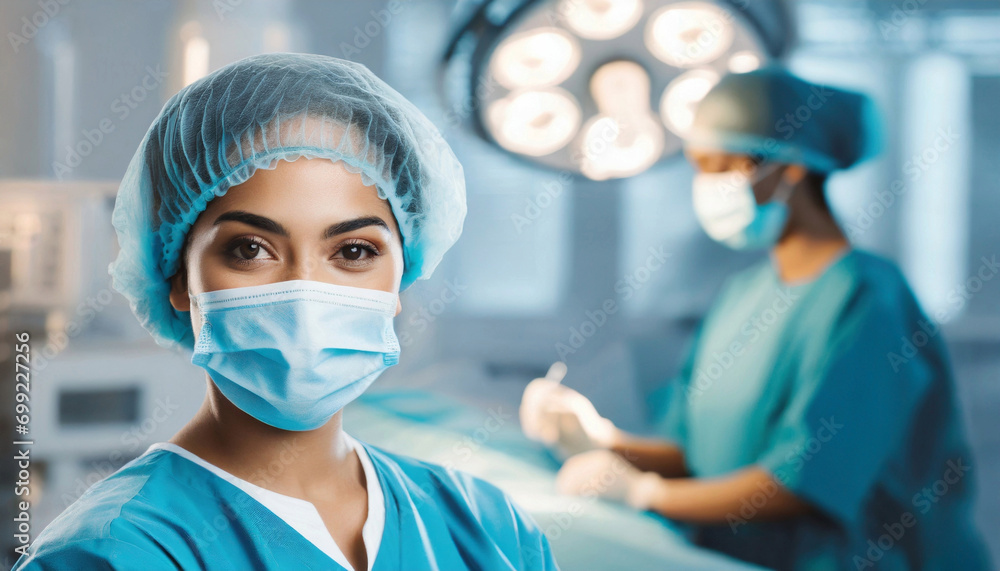 Ffemale doctors wearing a mask and a cap on duty at the hospital. Health concept. Hospitals Ffemale doctors wearing a mask and a cap on duty at the hospital. Health concept. Hospitals