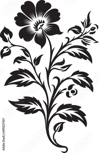 Noir Blossom Detail Hand Drawn Vector Logo Emblem Whimsical Flora Iconic Black Design in Handcrafted Vector