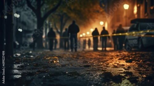 Crime scene at night on the street with yellow tape around the crime scene