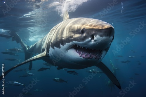 A great white shark swimming in the ocean