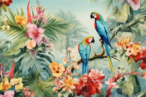 A painting of two parrots sitting on a tree branch