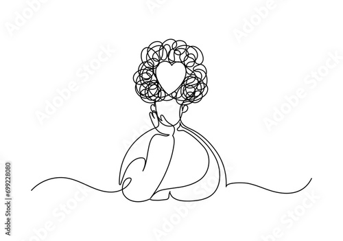 Love. Man thinking about love. Person with heart in the head. Continuous line drawing.