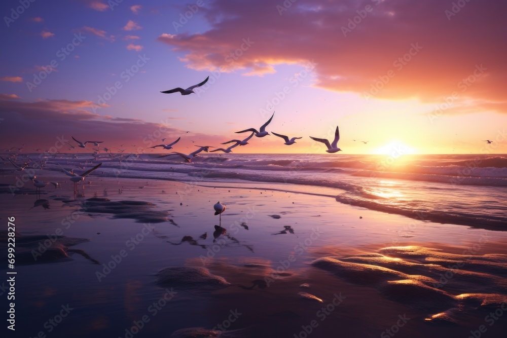  Pink sunset on the sea with flying birds