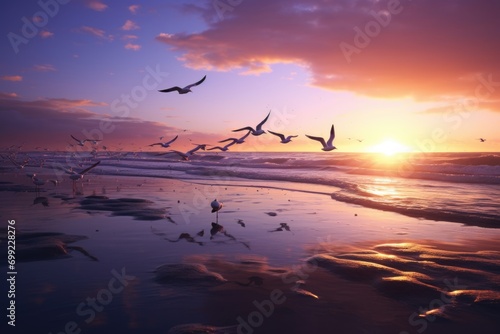  Pink sunset on the sea with flying birds