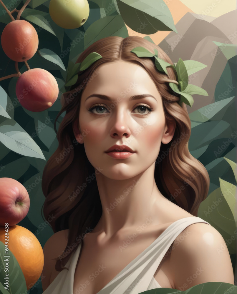 Eve in the Garden of Eden Realistic flat illustration of a biblical figure in a geometric