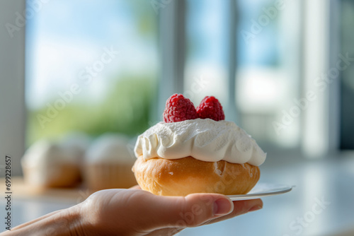 A hand holds a plate with a Swedish selma bun with whipped cream and raspberries photo