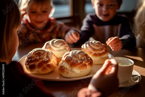 Children at the table with Swedish semla buns with whipped cream photo