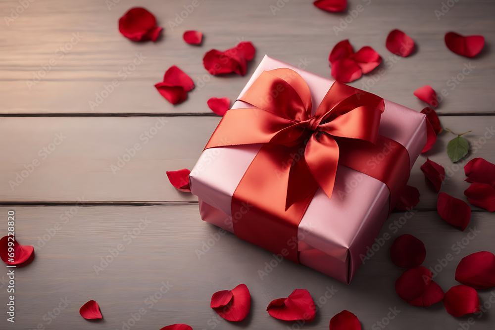 Gift Box With Rose Petals For Valentine Day