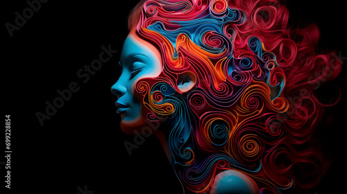 Frauenkopf mit abstrakter bunter Frisur aus harmonischen Wellenformen. Konzept: Synästhesie verstehen. Fotorealistische Illustration in Neon-Farben