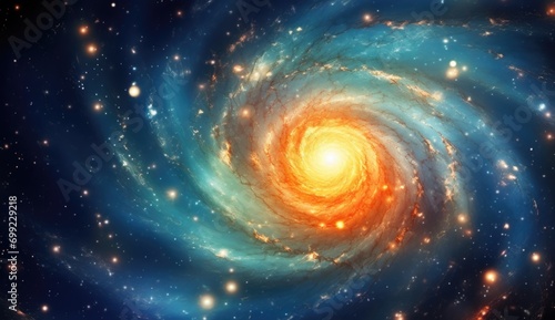 View from space to a spiral galaxy and stars