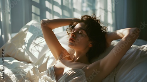 a beautiful woman waking up stretching in bed with energy and joy, natural lighting. generative AI photo