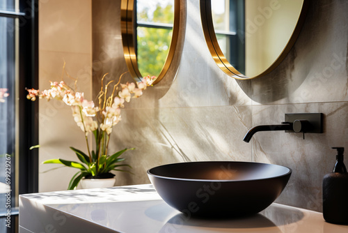 Close-up of Stone vessel sink with mirror in a modern bathroom, art deco style, natural luxury decoration photo