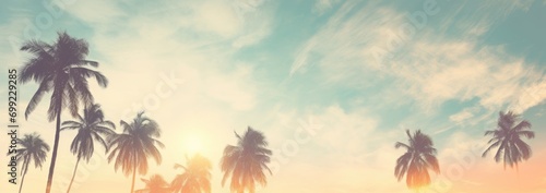 Coconut palm trees, beautiful tropical background, vintage filter © grigoryepremyan