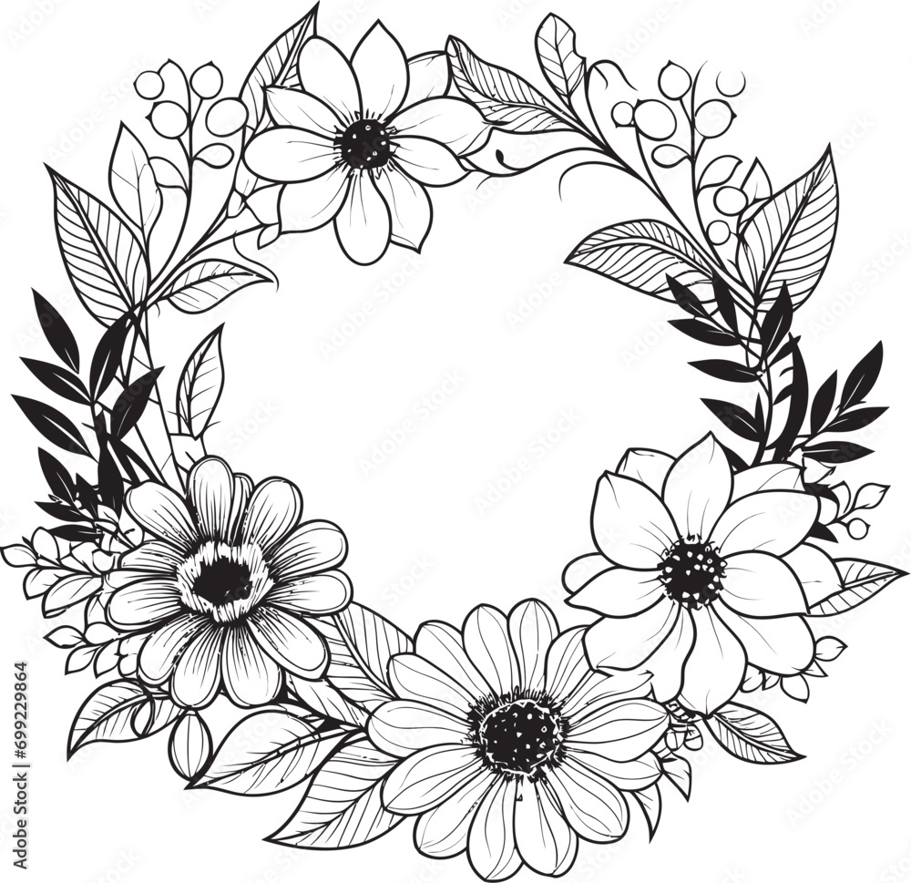 Whimsical Wedding Flowers Elegant Black Emblem Modern Floral Wreath Artistic Vector Icon