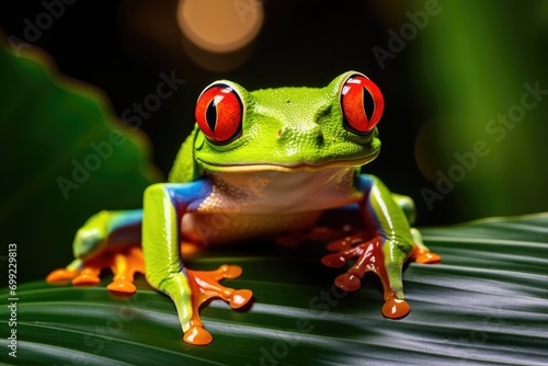 A frog with red eyes sitting on a leaf