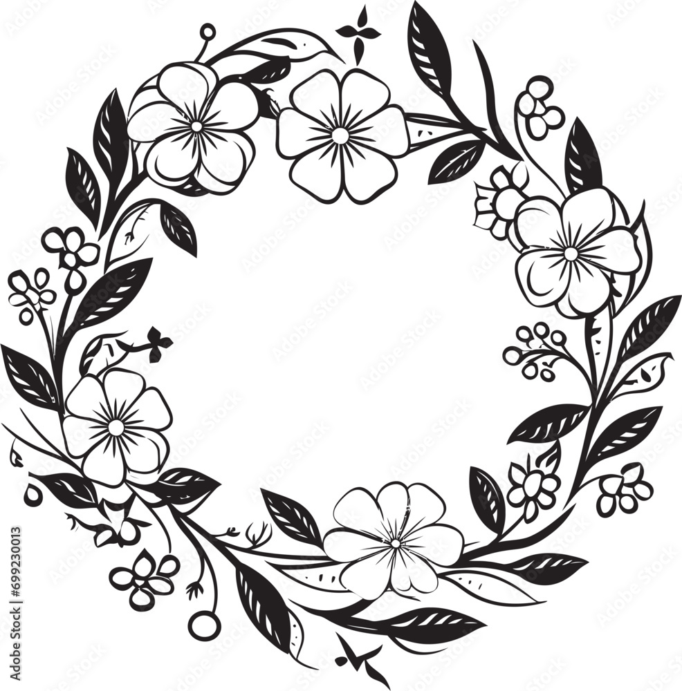 Artistic Petal Whirl Wedding Black Icon Design Minimalist Wreath Sketch Black Floral Emblem