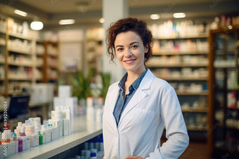 A woman in a white lab coat standing in a pharmacy